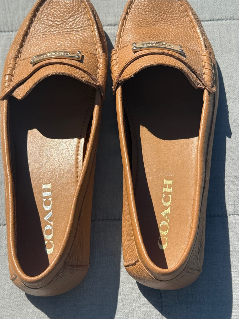 Coach Brown Pebbled Leather Moccasin Loafers with Logo Plaque - Picture 2 of 3